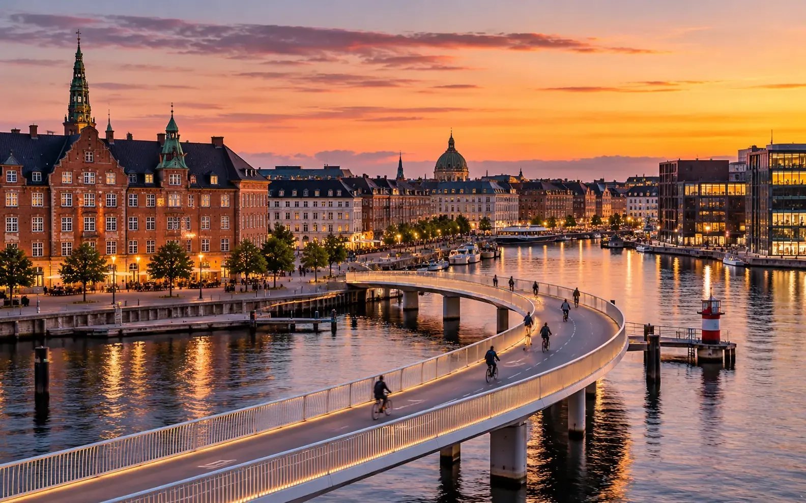 Paseo marítimo del puerto de Copenhague con puente peatonal y ciclista curvo al crepúsculo