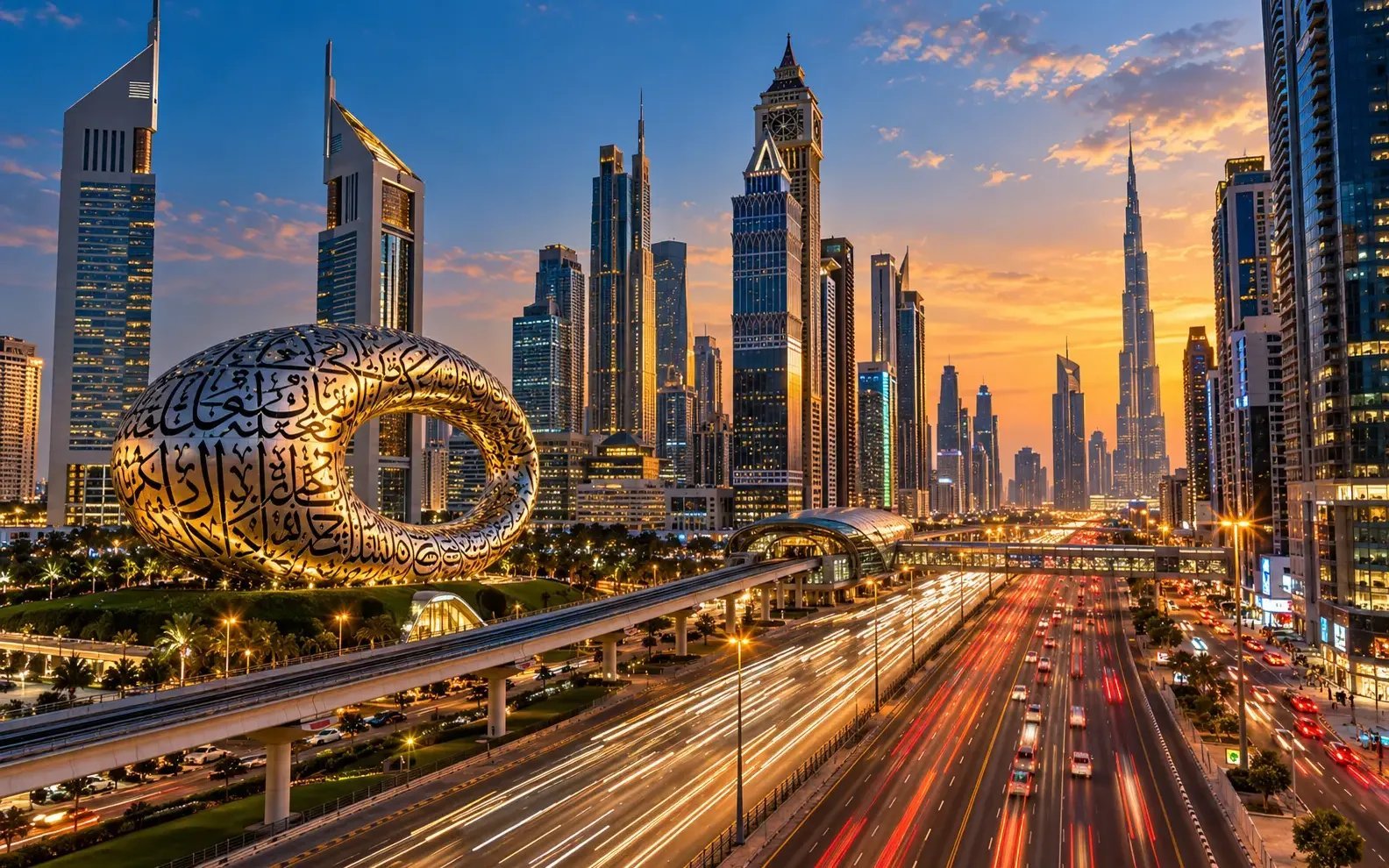 Sheikh Zayed Road en Dubái al atardecer con rascacielos y el Museo del Futuro con estelas de luz