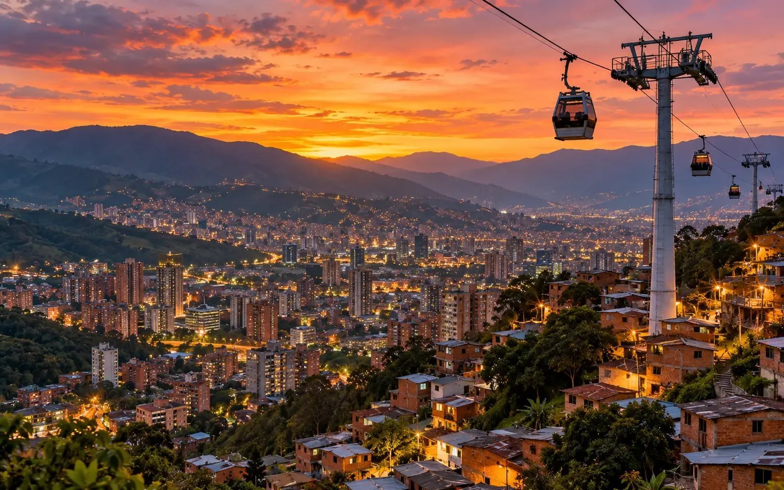 Valle de Aburrá al atardecer con luces en la ladera y cabinas del Metrocable sobre las comunas