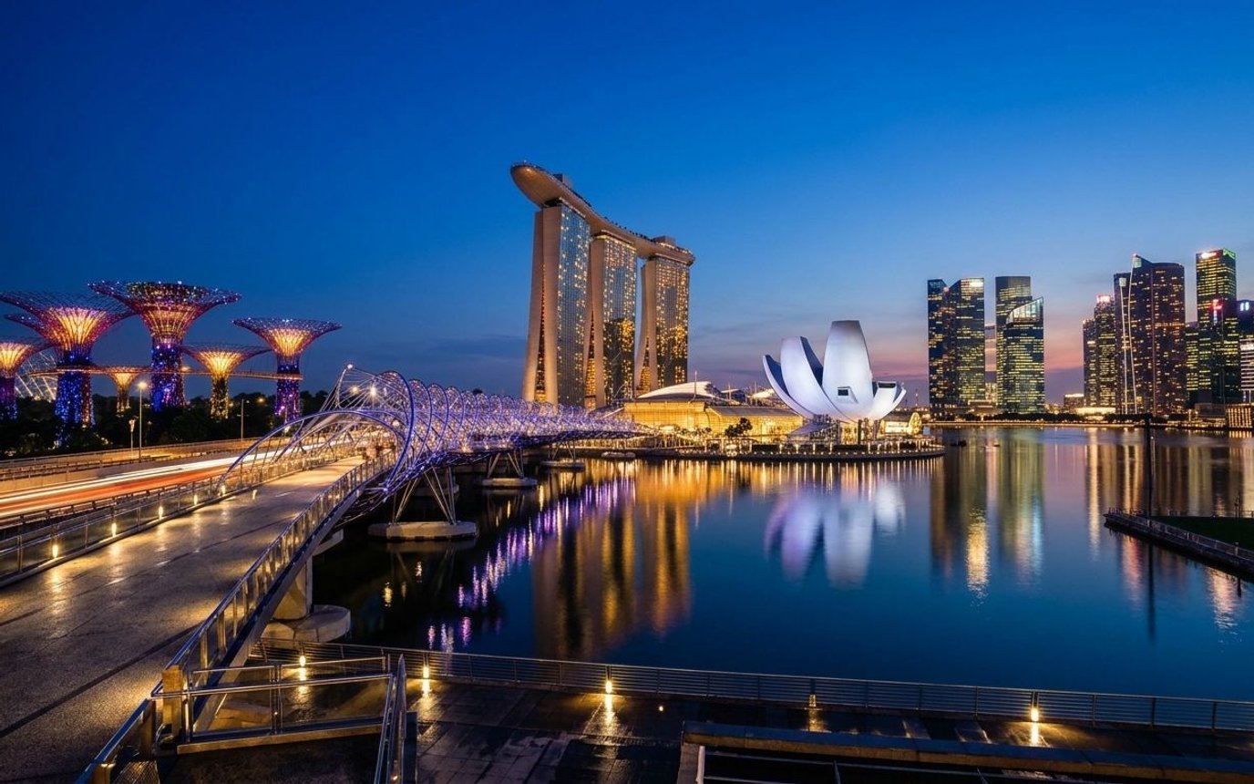 Panorámica nocturna de Singapur con el complejo Marina Bay Sands y la bahía iluminada