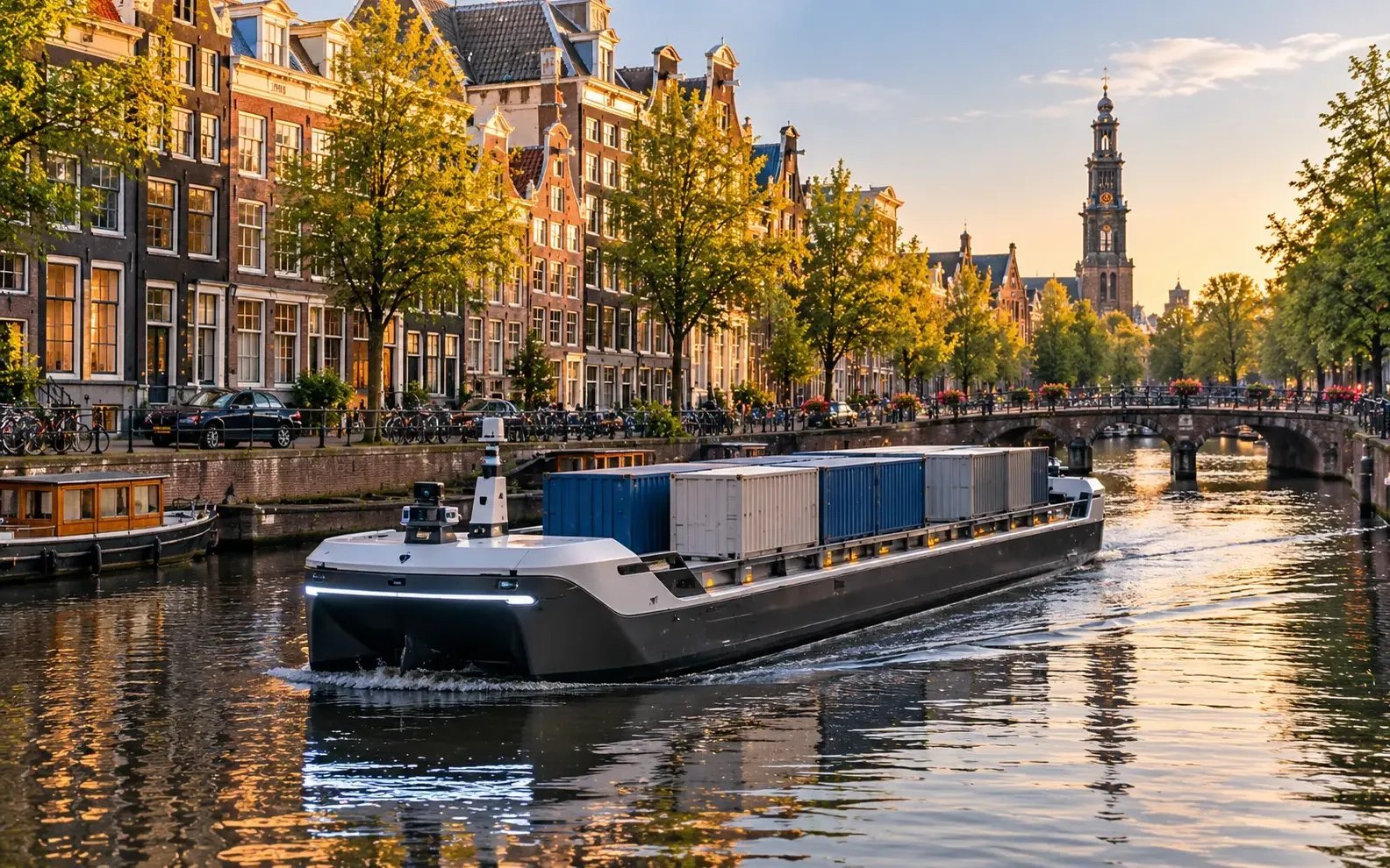 Barco de carga eléctrico y autónomo navegando por un canal de Ámsterdam con casas históricas
