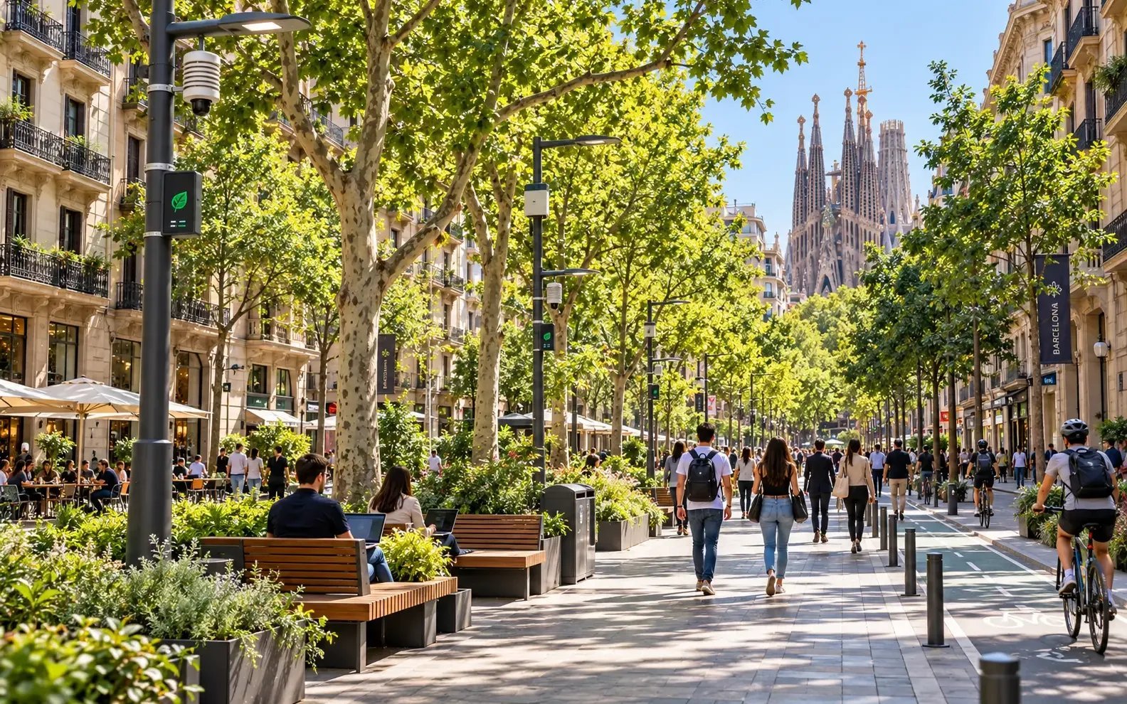 Eje verde del Eixample en Barcelona con árboles, bancos, peatones y sensores en las farolas