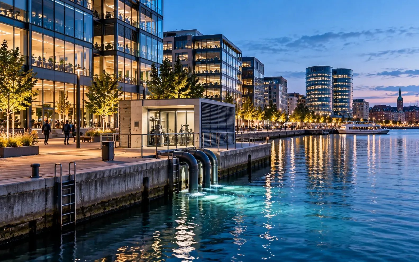 Puerto de Copenhague con oficinas modernas y estación de bombeo de enfriamiento marino