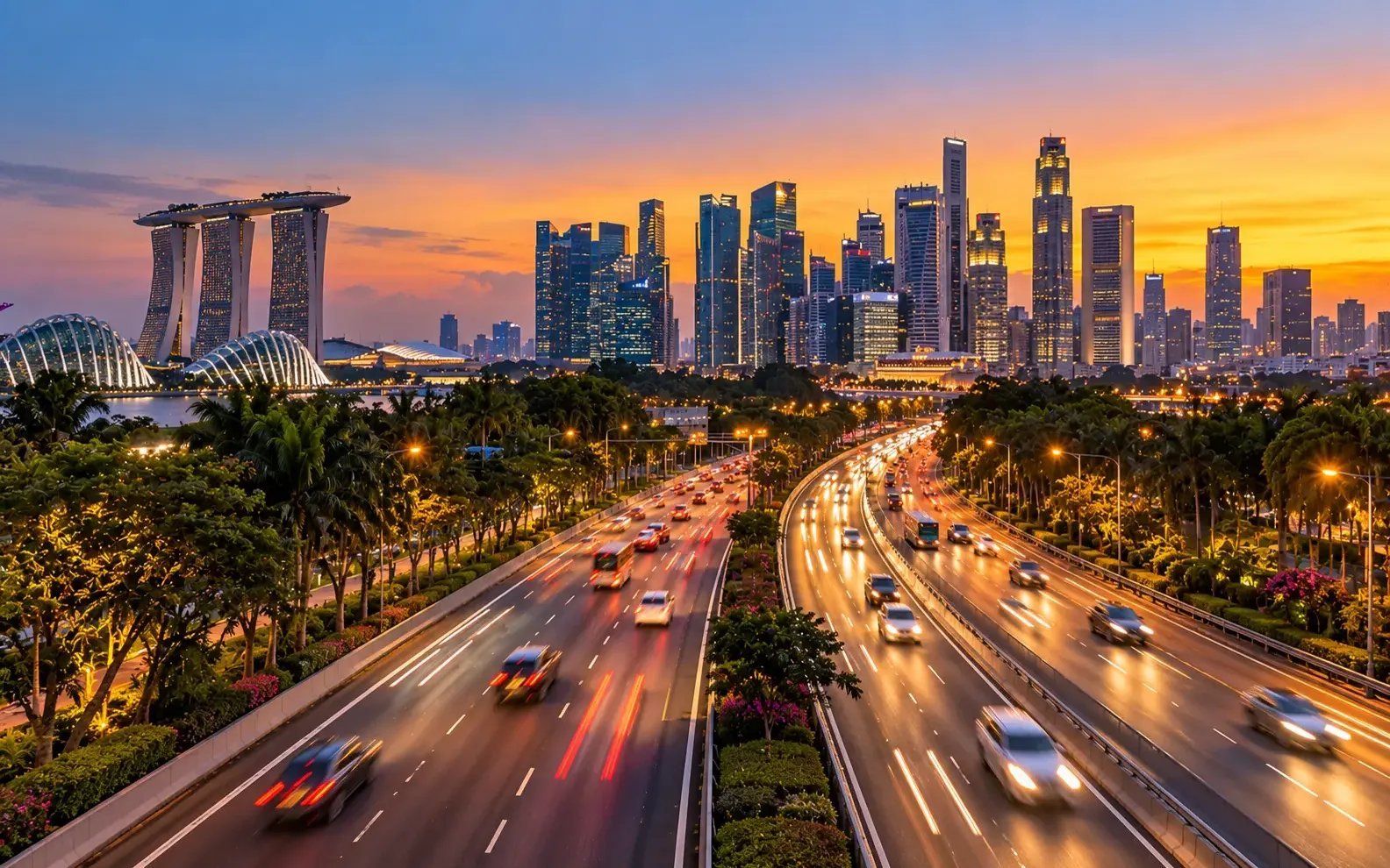 Autopista de Singapur al atardecer con tráfico fluido y cobro satelital sin pórticos
