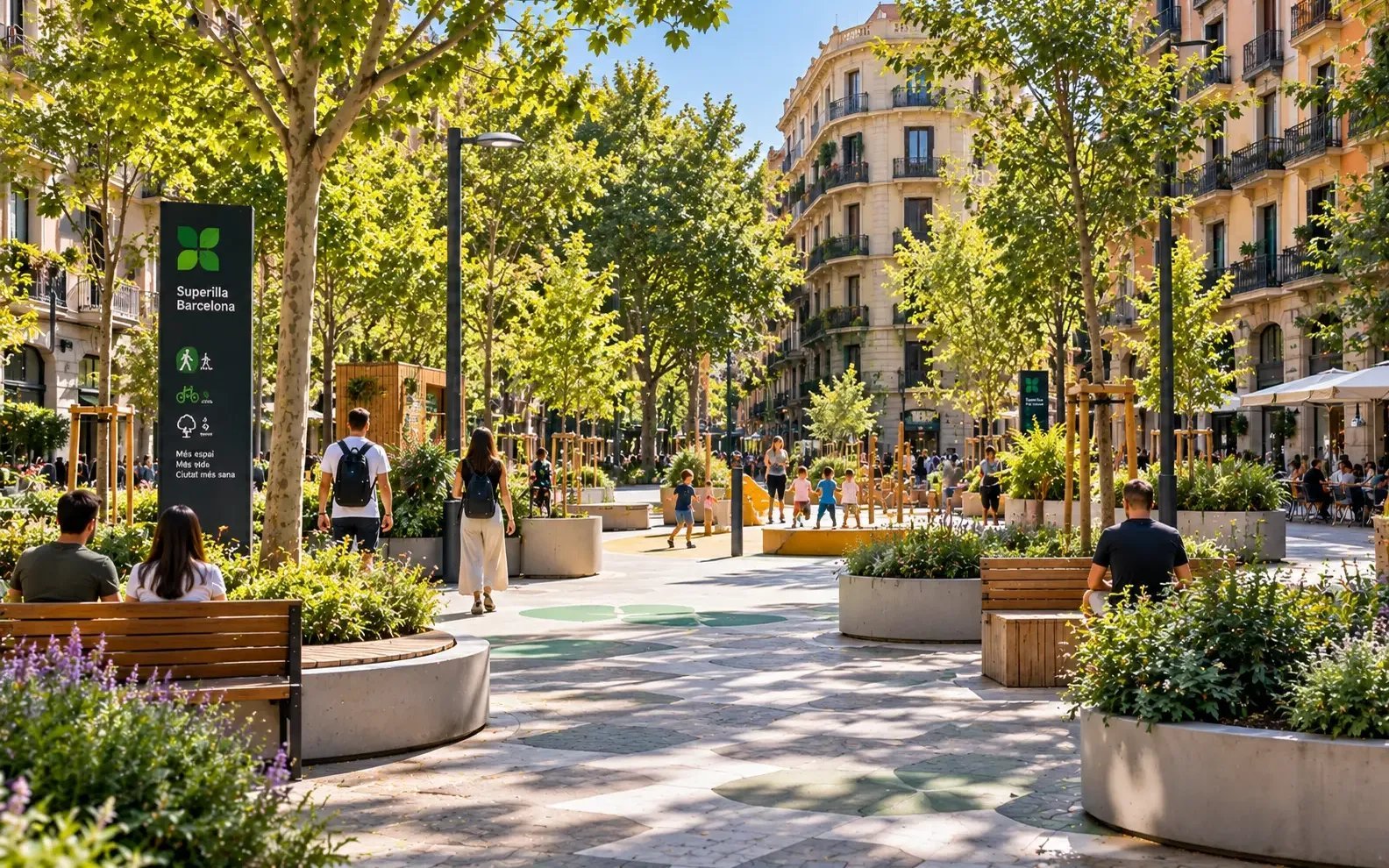 Supermanzana peatonalizada de Barcelona con árboles, bancos y cruces sin coches
